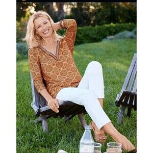 Soft Surroundings Lillia Beaded V Neck Tunic Top 2X 3/4 Sleeves‎ Medallion Print